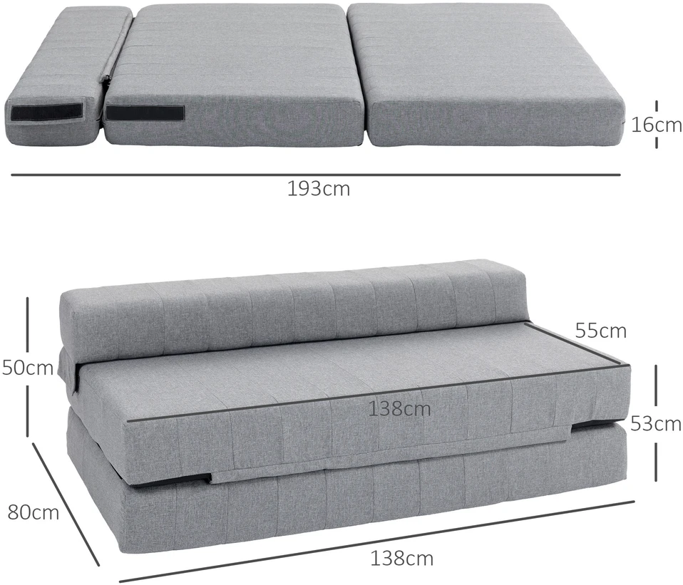 HOMCOM 2-in-1 sulankstoma grindų sofa-lova, lino išvaizdos, skirta 2 asmenims, paminkštinta, atlaikanti iki 250 kg, svetainei ir miegamajam, pilka