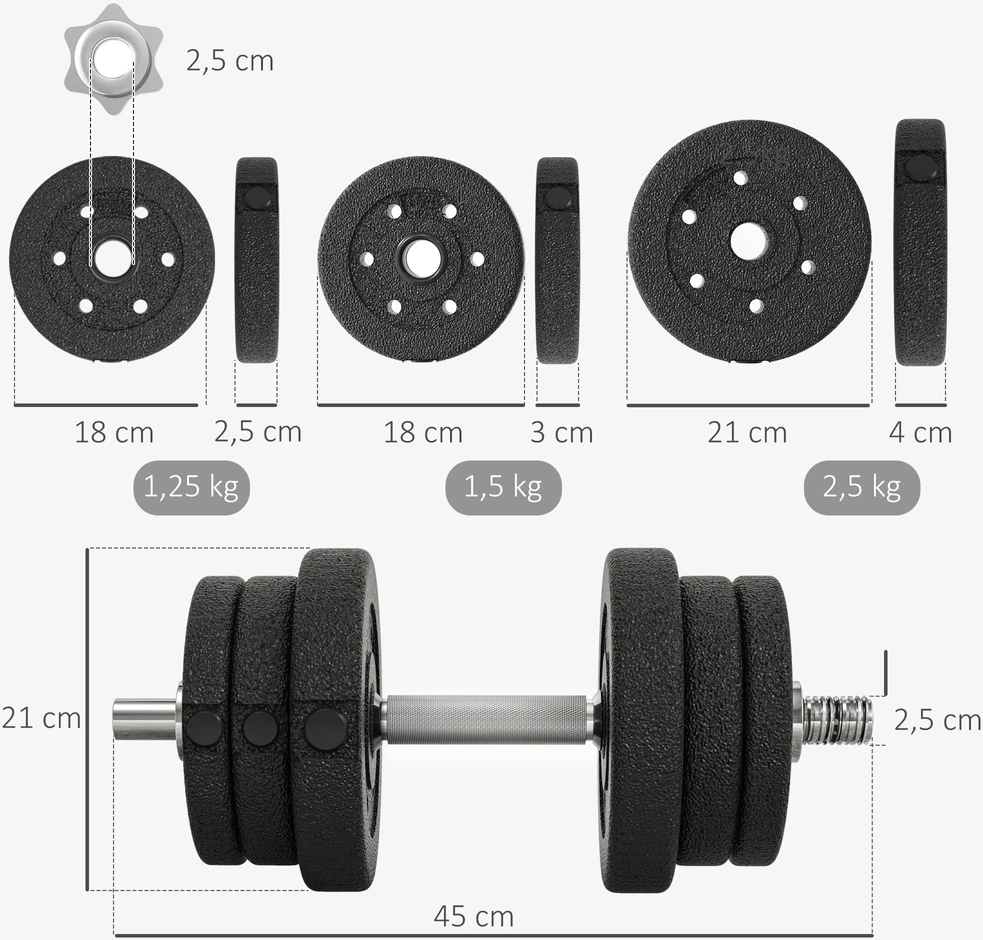 HOMCOM 25KG hantelių rinkinys su svorio diskais, skirtas namams, biurui ir sporto salei, plienas/dirbtinė oda, juodas, jėgos treniruotėms