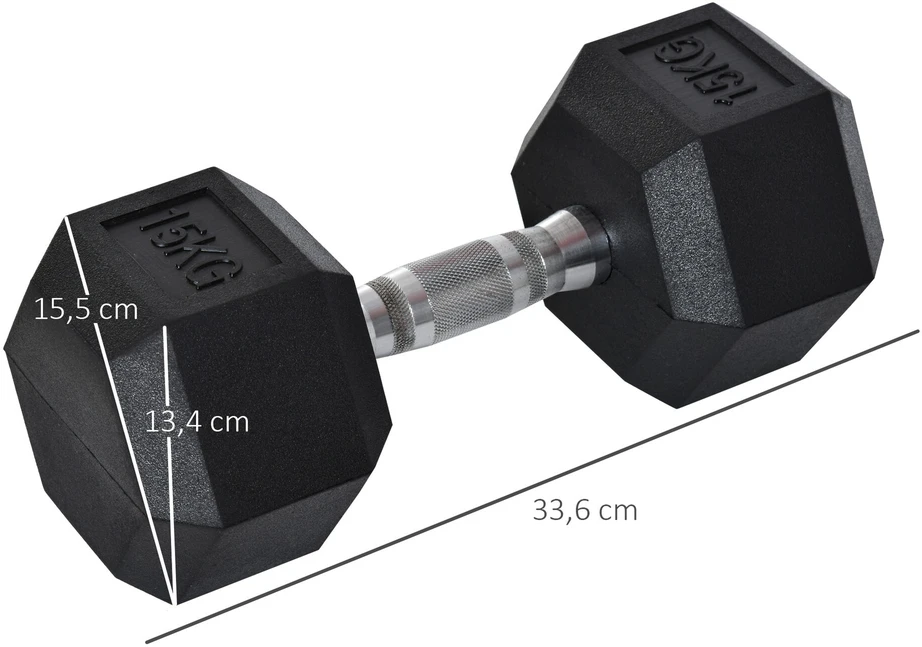 HOMCOM šešiakampis hantelis, ketaus, gumuotas, rifliuota rankena, metalas, guma, juodas, 1 x 15 kg