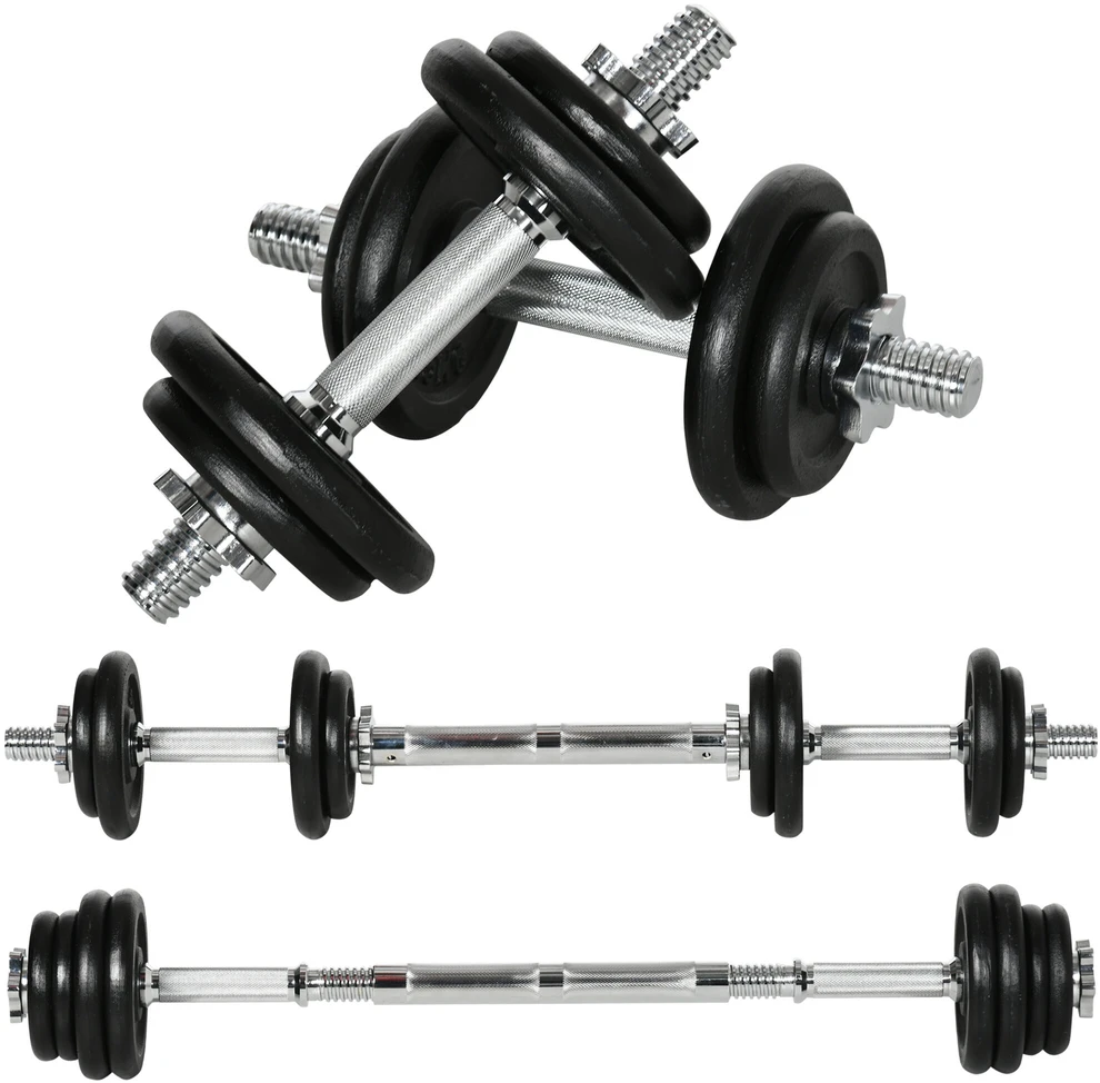 HOMCOM 2-in-1 hantelių rinkinys, reguliuojamas 20 kg svorio komplektas, trumpa ir ilga štanga su jungtimi, nerūdijančio plieno, neslystantis
