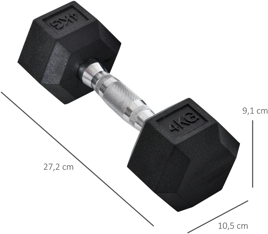 HOMCOM šešiakampiai hanteliai, 2 vnt. rinkinys, ketaus, rifliuota rankena, hantelių rinkinys, svoriai, metalas, guma, juodi, 2 x 4kg