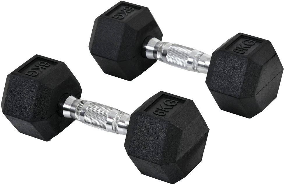 HOMCOM šešiakampių hantelių rinkinys, 2x6 kg, ketaus su gumine danga, juodos spalvos