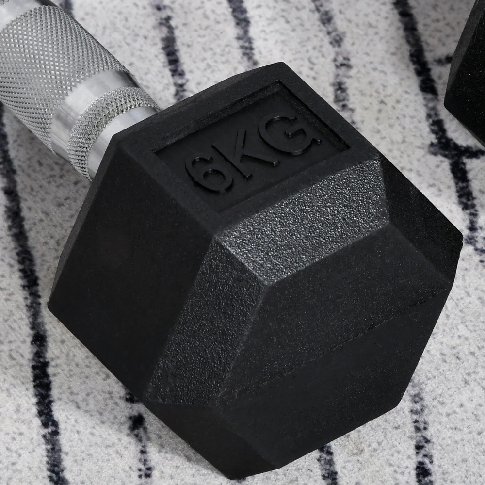 HOMCOM šešiakampių hantelių rinkinys, 2x6 kg, ketaus su gumine danga, juodos spalvos