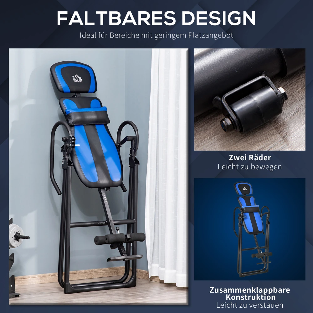 HOMCOM sulankstomas inversijos stalas, gravitacijos treniruoklis su ratukais, reguliuojamas nugaros atlošas, metalas ir ABS, juoda ir mėlyna spalvos, 132x71x145 cm