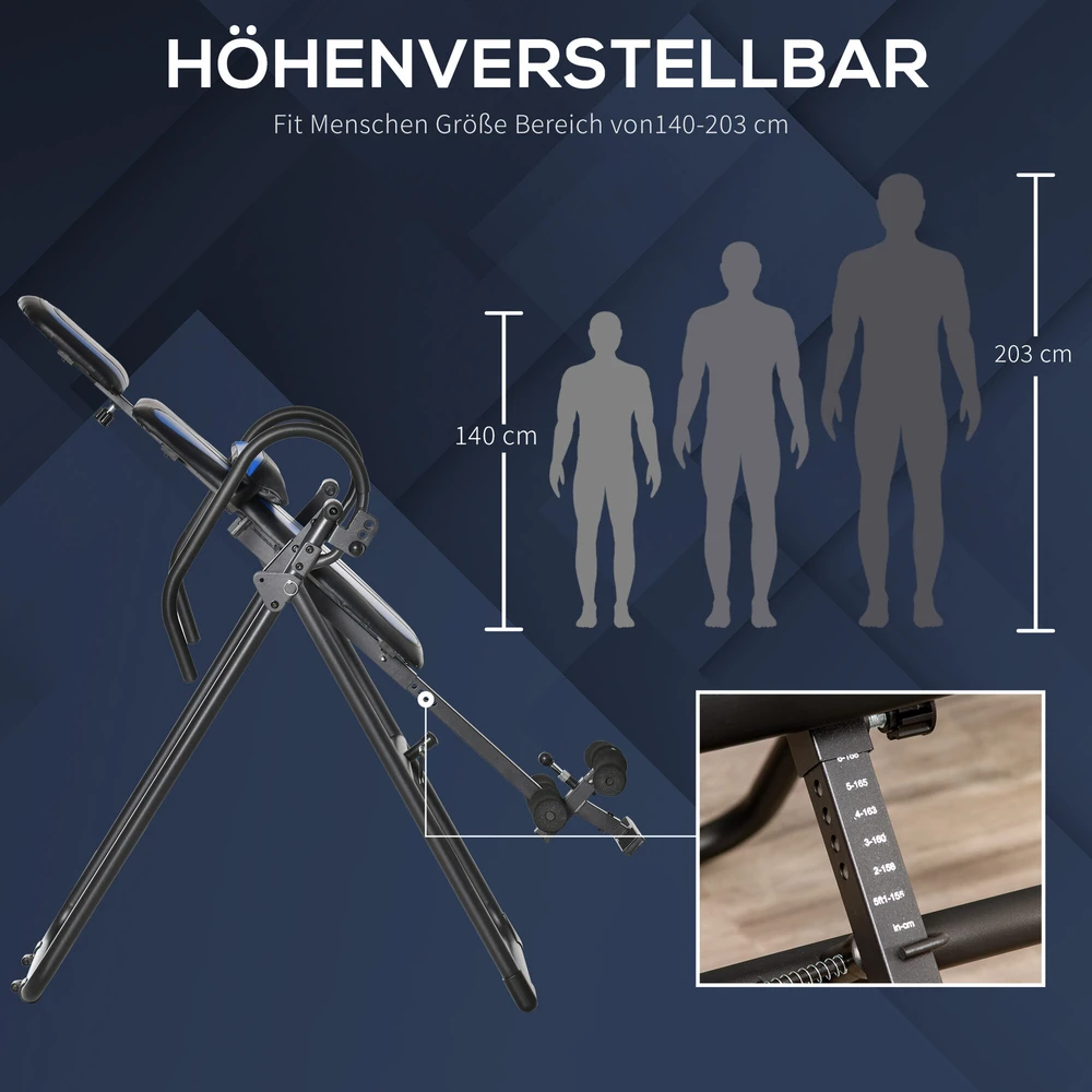 HOMCOM sulankstomas inversijos stalas, gravitacijos treniruoklis su ratukais, reguliuojamas nugaros atlošas, metalas ir ABS, juoda ir mėlyna spalvos, 132x71x145 cm