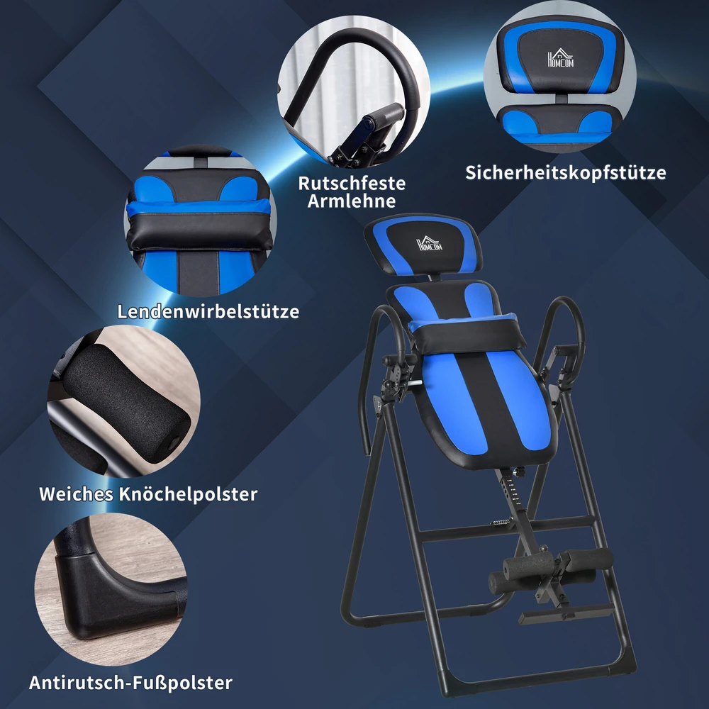 HOMCOM sulankstomas inversijos stalas, gravitacijos treniruoklis su ratukais, reguliuojamas nugaros atlošas, metalas ir ABS, juoda ir mėlyna spalvos, 132x71x145 cm