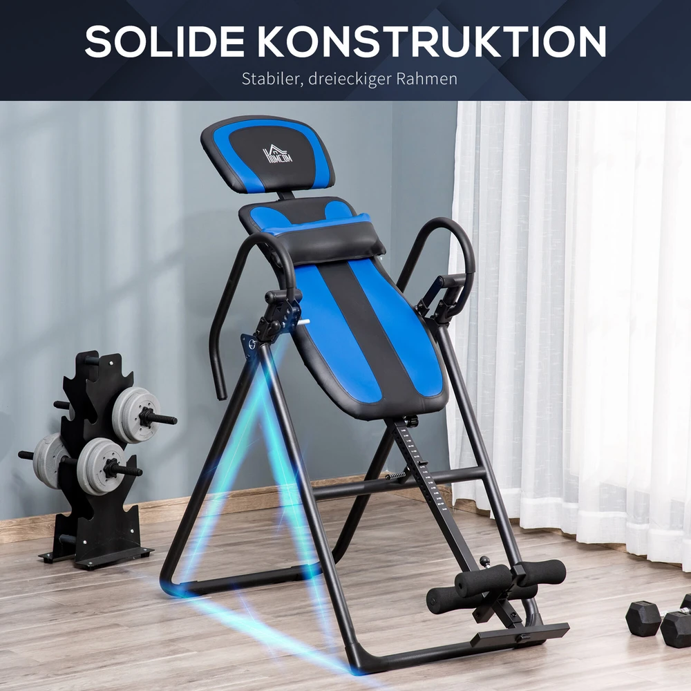 HOMCOM sulankstomas inversijos stalas, gravitacijos treniruoklis su ratukais, reguliuojamas nugaros atlošas, metalas ir ABS, juoda ir mėlyna spalvos, 132x71x145 cm