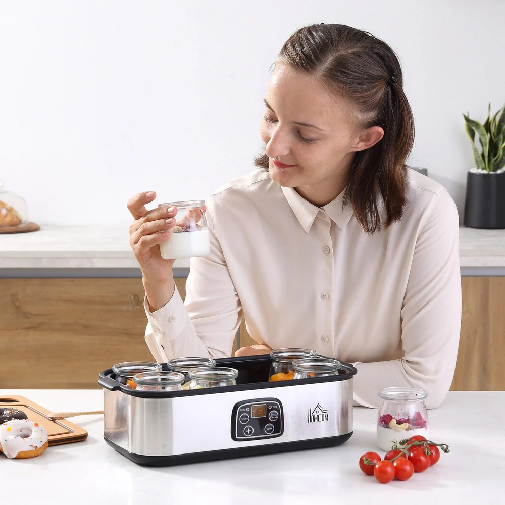 HOMCOM jogurto gaminimo aparatas, 25 W, LCD ekranas, 8 stikliniai indeliai su dangteliais, 180 ml, reguliuojama temperatūra, PC ir PP plastikas