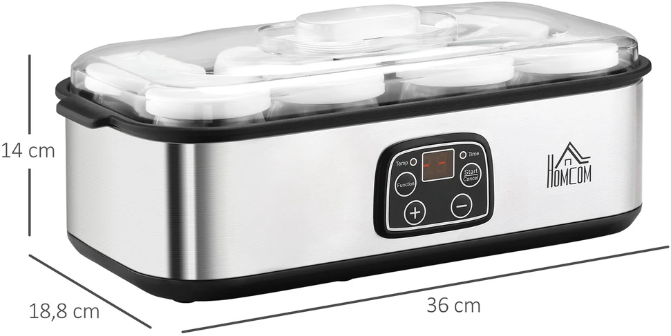 HOMCOM jogurto gaminimo aparatas, 25 W, LCD ekranas, 8 stikliniai indeliai su dangteliais, 180 ml, reguliuojama temperatūra, PC ir PP plastikas
