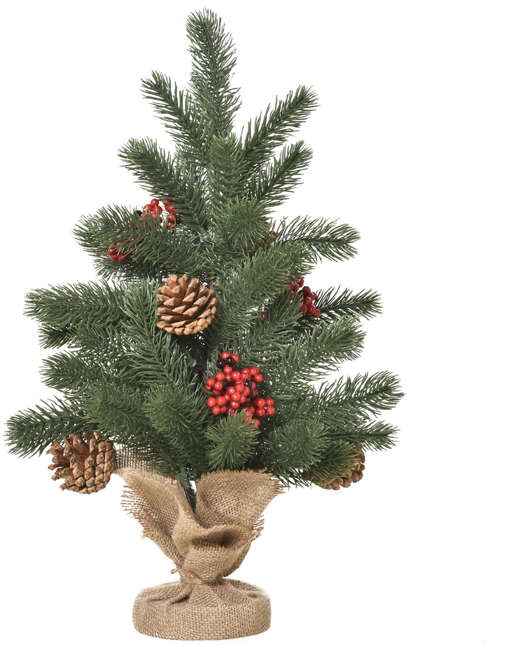 Dirbtinė Kalėdų eglutė HOMCOM, 50 cm, su 4 raudonomis uogomis ir 4 kankorėžiais, 55 šakelės, stabilus ir patvarus pagrindas, PE, cementas, džiutas, Ø28 x 50 cm