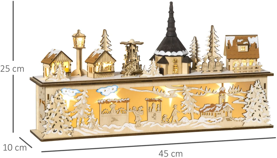 Homcom Kalėdinė dekoracija Snieguotas kalėdinis kaimas su 10 šviesos diodų 45 x 10 x 25 cm