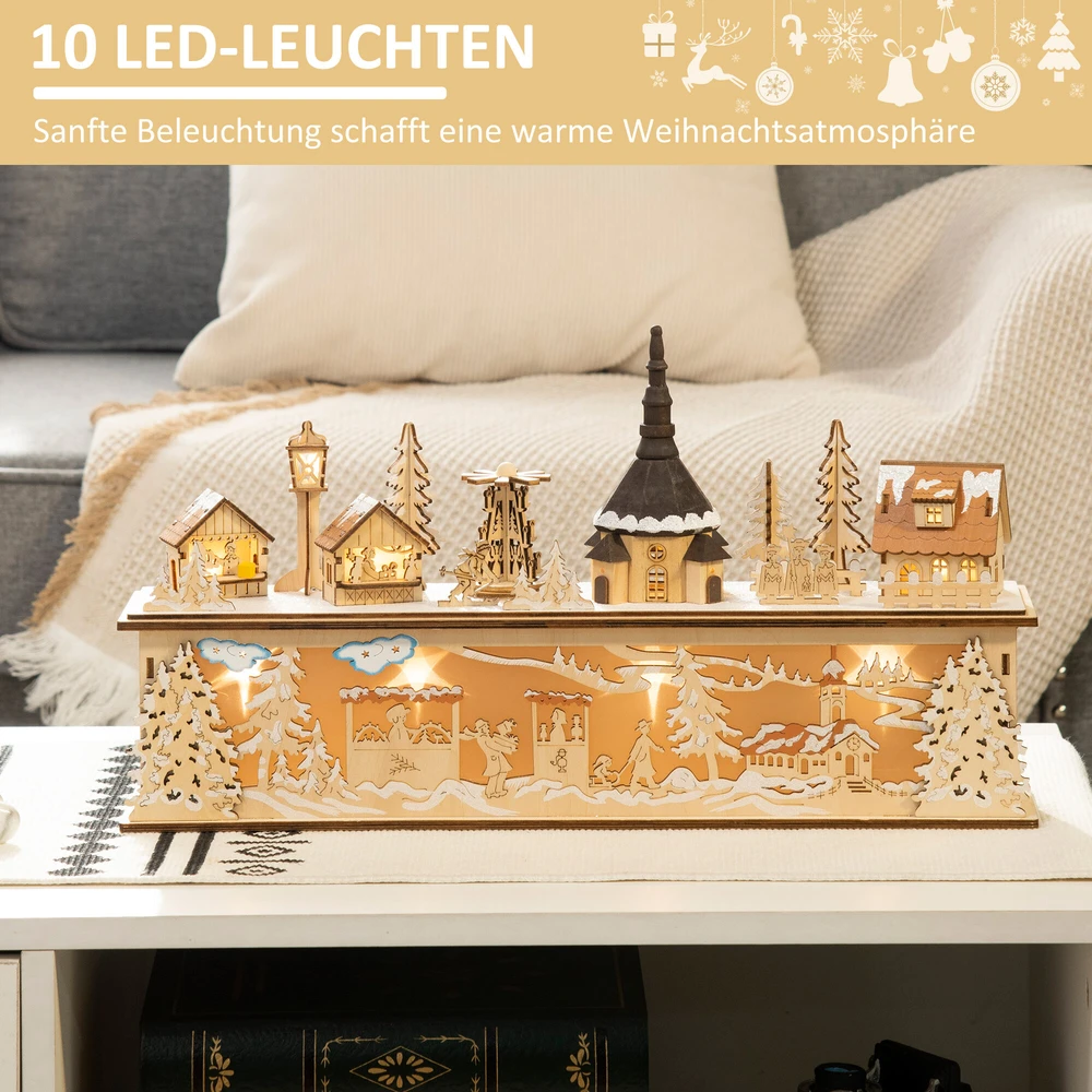 Homcom Kalėdinė dekoracija Snieguotas kalėdinis kaimas su 10 šviesos diodų 45 x 10 x 25 cm