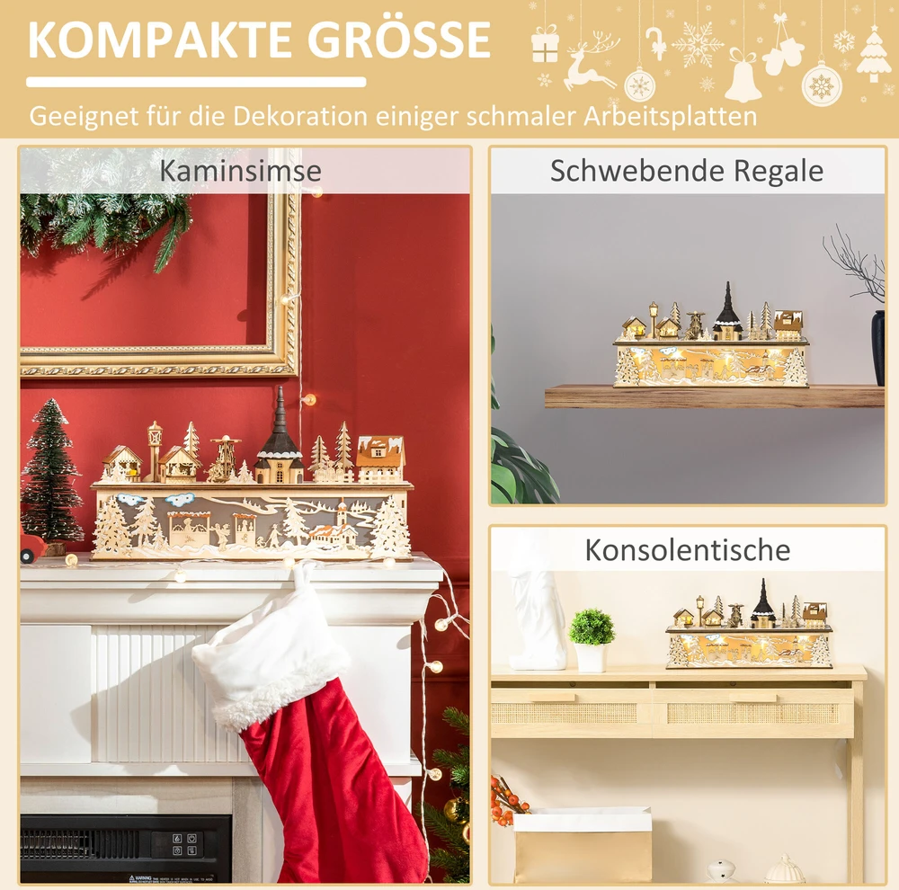 Homcom Kalėdinė dekoracija Snieguotas kalėdinis kaimas su 10 šviesos diodų 45 x 10 x 25 cm