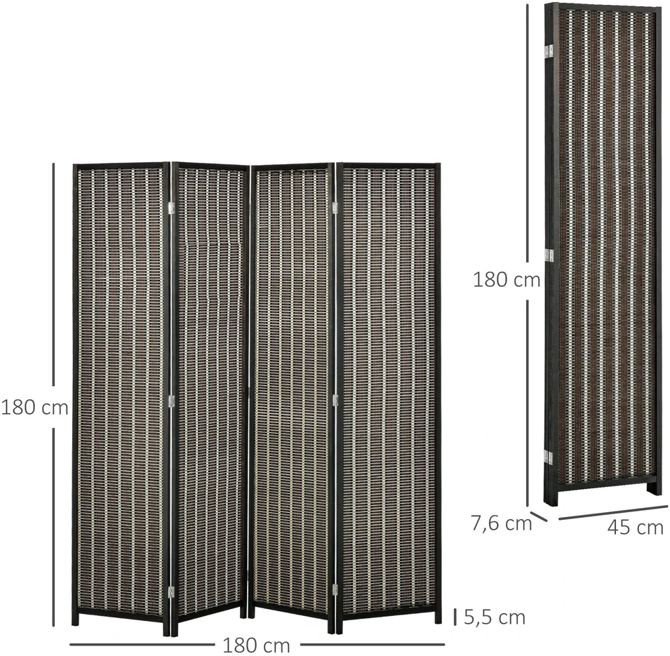 HOMCOM 4 dalių bambukinė širma 180 x 180 cm, sulankstoma kambario pertvara, ruda