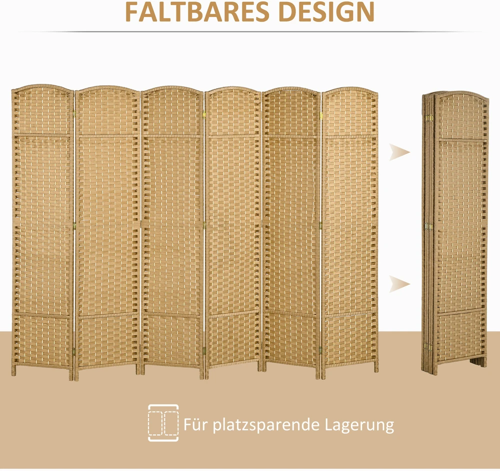 HOMCOM 6 dalių širma 240 x 170 cm kambario pertvara iš bambuko, sulankstoma sienelė, privatumo uždanga svetainei, natūrali