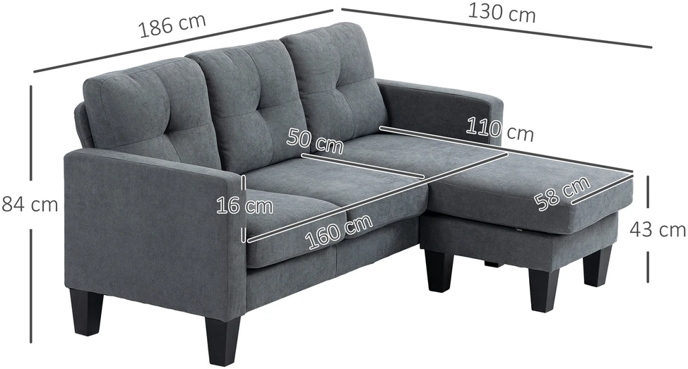 HOMCOM L-formos kampinė sofa su reversine šezlongu, spyruokliniu bloku, didelio tankio putplasčiu, lino išvaizdos audiniu, skirta svetainei ar miegamajam, tamsiai pilka