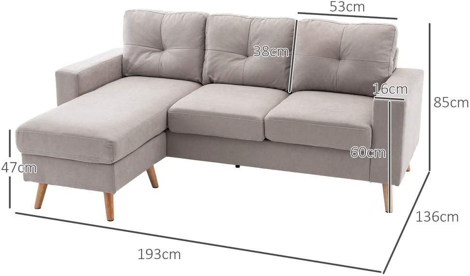 HOMCOM L-formos kampinė sofa, kampinis komplektas su lino išvaizdos audiniu, 3 vietų sofa su gultu, medžiaginė sofa svetainei, šviesiai pilka