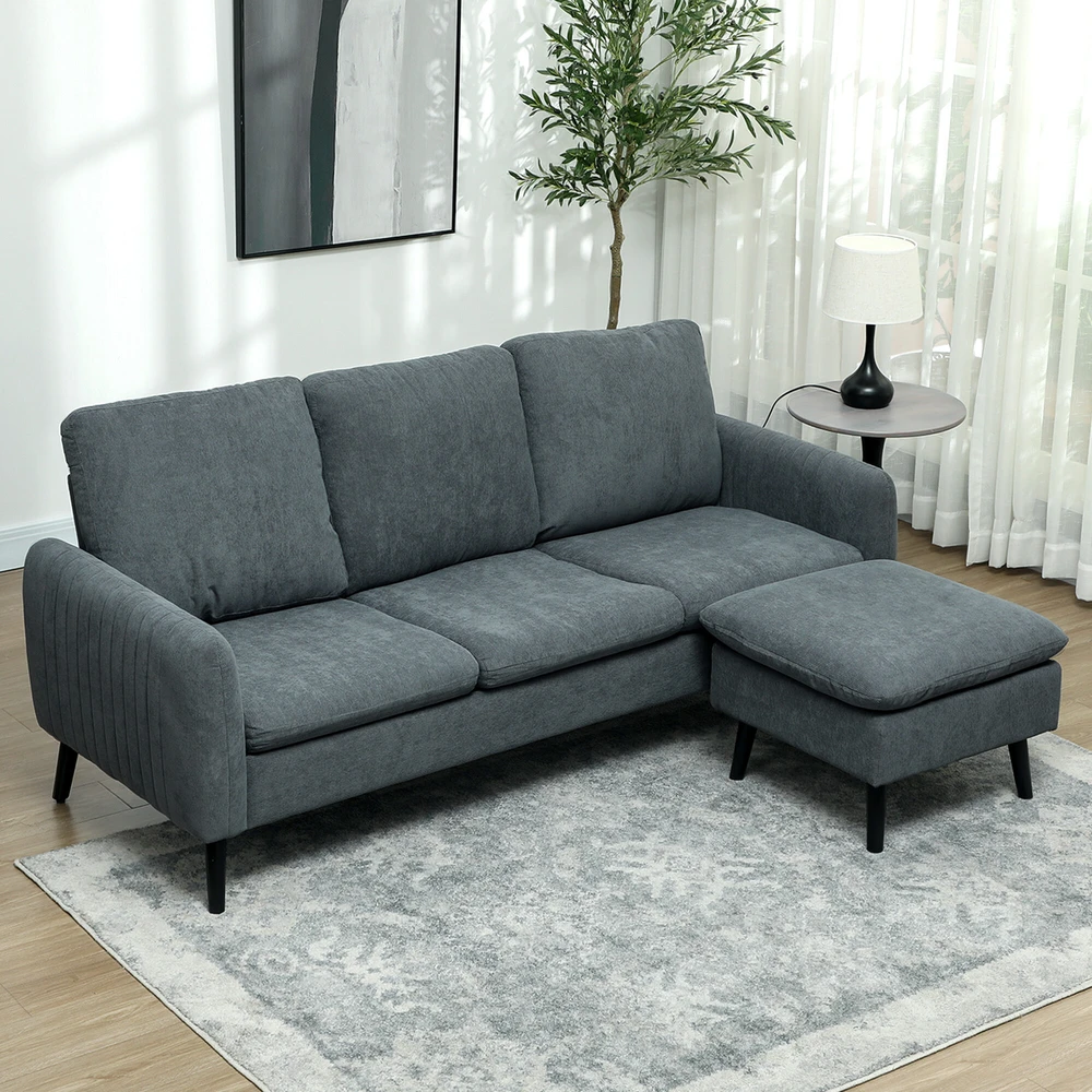 HOMCOM kampinė sofa su pufu, 3 pagalvės, L formos sofa svetainei ar miegamajam, 196 x 140 x 88 cm, pilka