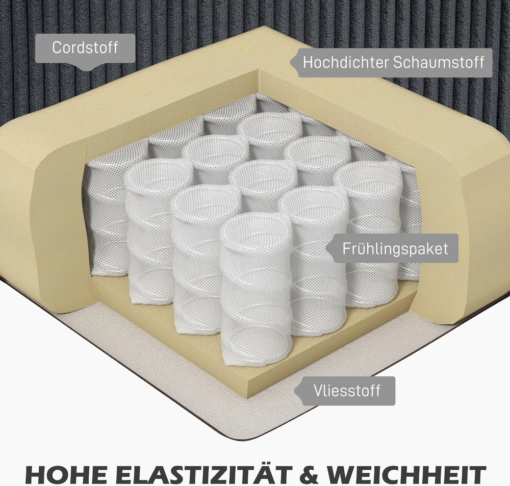 HOMCOM Kampinė sofa su šezlongu, 3 vietų, L formos, paminkštinta, su korduro atrodančiu audiniu, didelio tankio putplasčiu, iki 400 kg, skirta svetainei, miegamajam, 214 x 134 x 87 cm, tamsiai pilka
