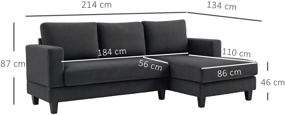 HOMCOM Kampinė sofa su šezlongu, 3 vietų, L formos, paminkštinta, su korduro atrodančiu audiniu, didelio tankio putplasčiu, iki 400 kg, skirta svetainei, miegamajam, 214 x 134 x 87 cm, tamsiai pilka