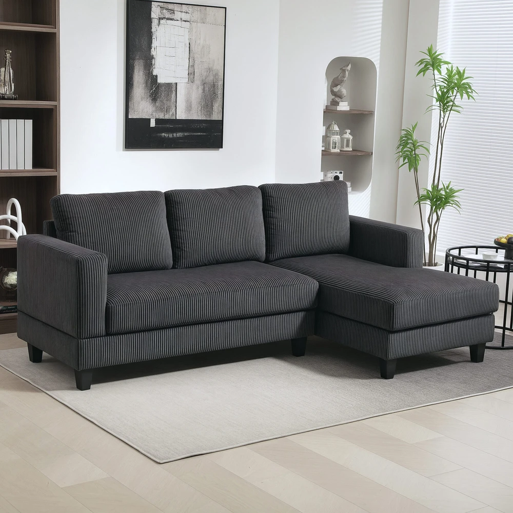 HOMCOM Kampinė sofa su šezlongu, 3 vietų, L formos, paminkštinta, su korduro atrodančiu audiniu, didelio tankio putplasčiu, iki 400 kg, skirta svetainei, miegamajam, 214 x 134 x 87 cm, tamsiai pilka