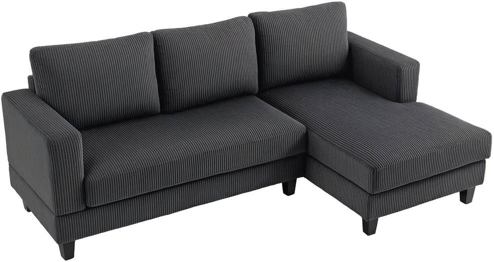HOMCOM Kampinė sofa su šezlongu, 3 vietų, L formos, paminkštinta, su korduro atrodančiu audiniu, didelio tankio putplasčiu, iki 400 kg, skirta svetainei, miegamajam, 214 x 134 x 87 cm, tamsiai pilka