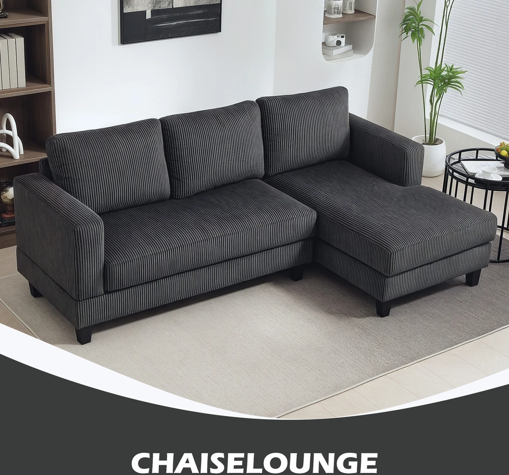 HOMCOM Kampinė sofa su šezlongu, 3 vietų, L formos, paminkštinta, su korduro atrodančiu audiniu, didelio tankio putplasčiu, iki 400 kg, skirta svetainei, miegamajam, 214 x 134 x 87 cm, tamsiai pilka