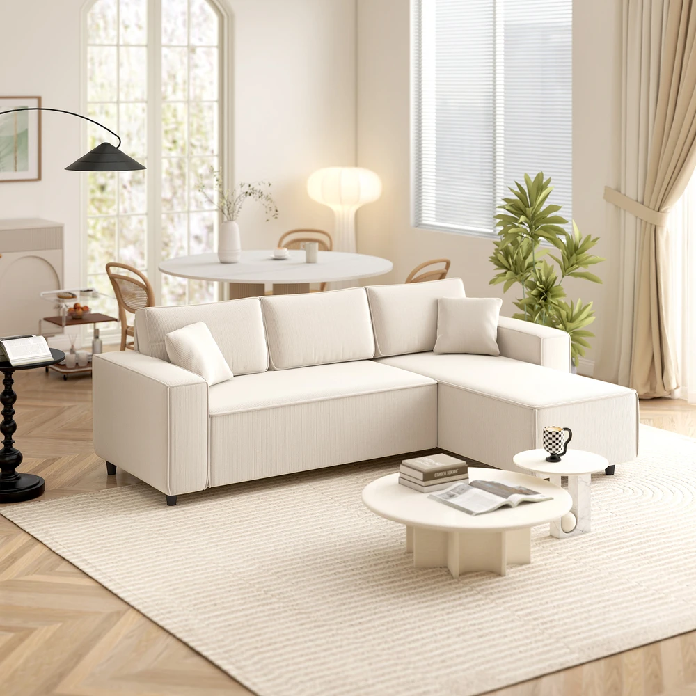 HOMCOM 3 vietų kampinė sofa su keičiama gulto puse, 2 pagalvėlės, velvetinis audinys, kreminės baltos spalvos, 241x153x83 cm
