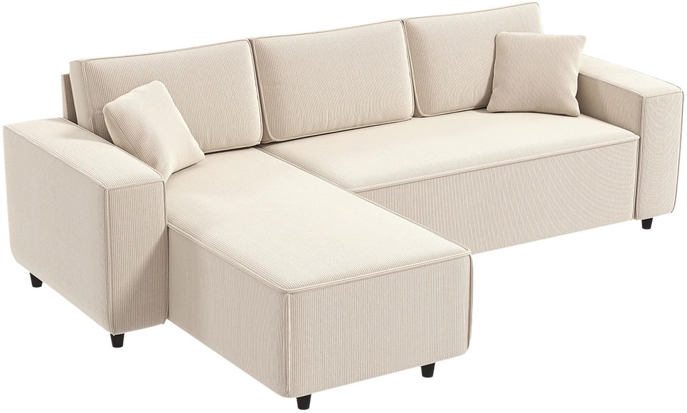 HOMCOM 3 vietų kampinė sofa su keičiama gulto puse, 2 pagalvėlės, velvetinis audinys, kreminės baltos spalvos, 241x153x83 cm