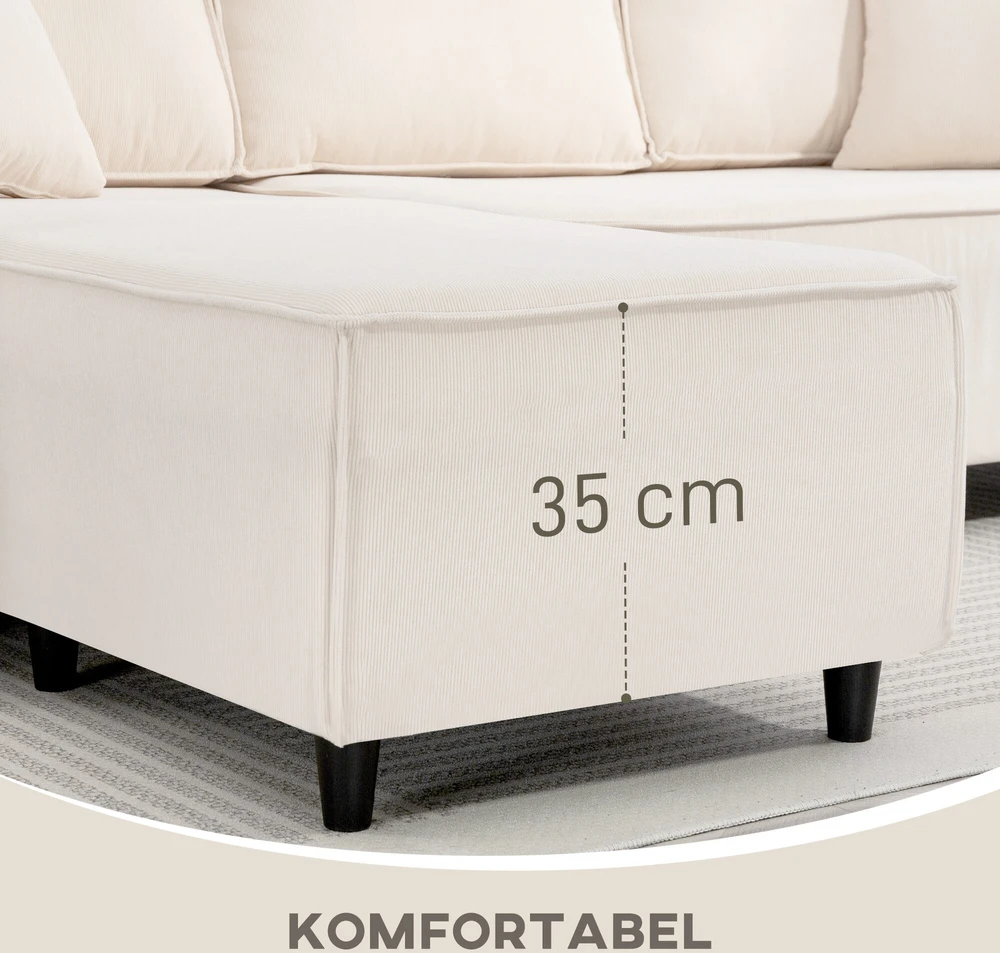 HOMCOM 3 vietų kampinė sofa su keičiama gulto puse, 2 pagalvėlės, velvetinis audinys, kreminės baltos spalvos, 241x153x83 cm