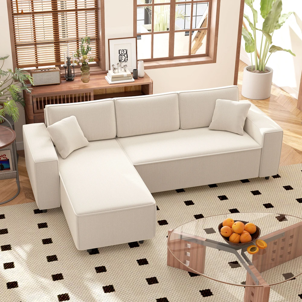 HOMCOM 3 vietų kampinė sofa su keičiama gulto puse, 2 pagalvėlės, velvetinis audinys, kreminės baltos spalvos, 241x153x83 cm