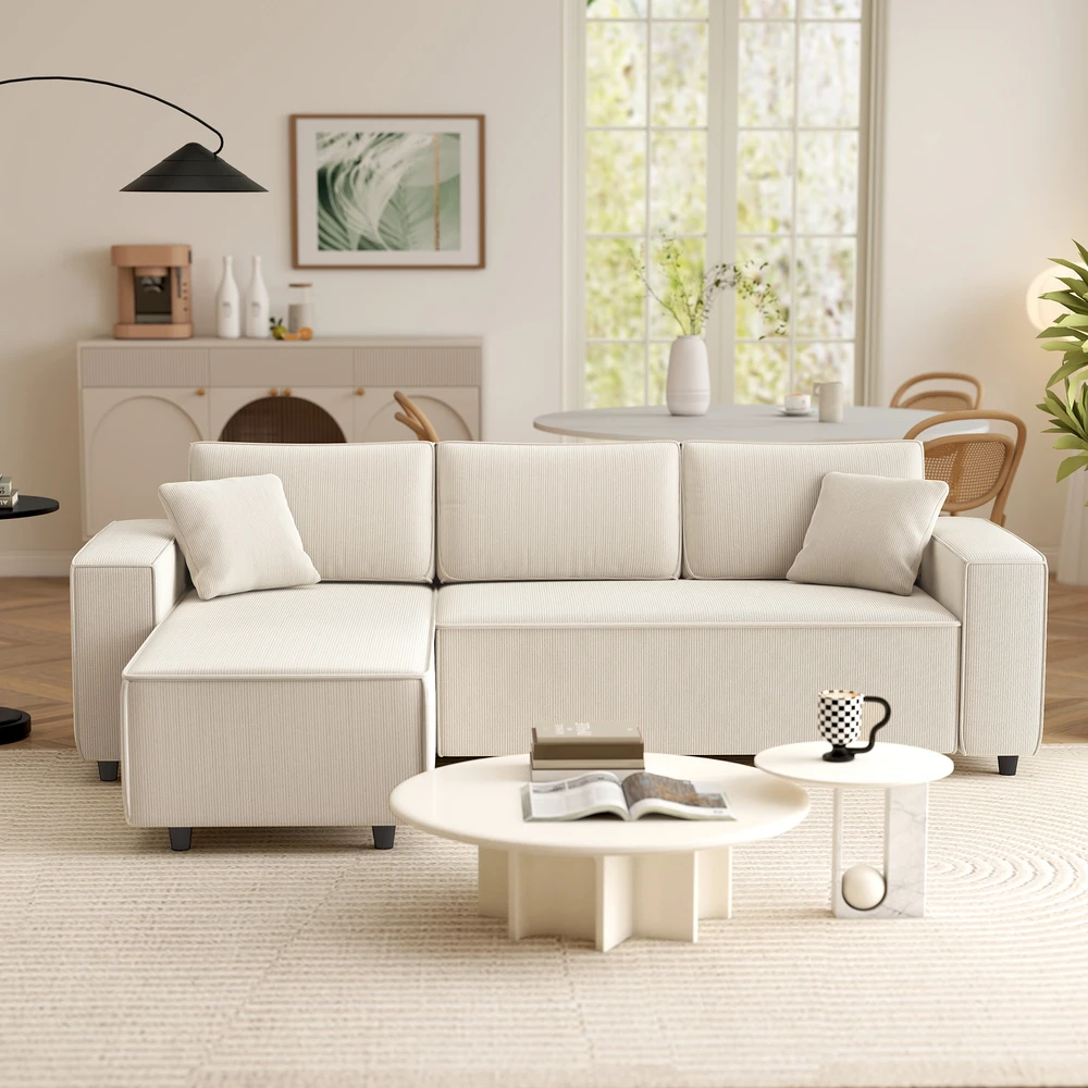 HOMCOM 3 vietų kampinė sofa su keičiama gulto puse, 2 pagalvėlės, velvetinis audinys, kreminės baltos spalvos, 241x153x83 cm
