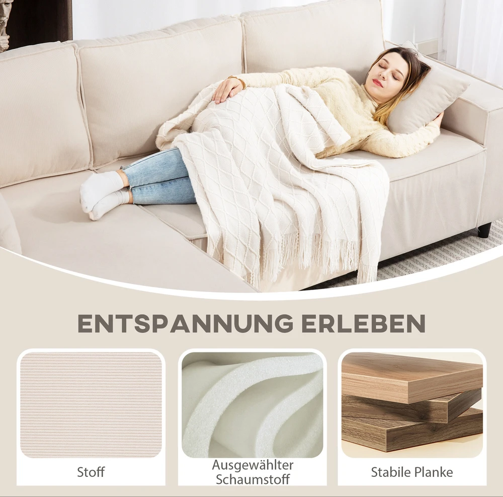 HOMCOM 3 vietų kampinė sofa su keičiama gulto puse, 2 pagalvėlės, velvetinis audinys, kreminės baltos spalvos, 241x153x83 cm