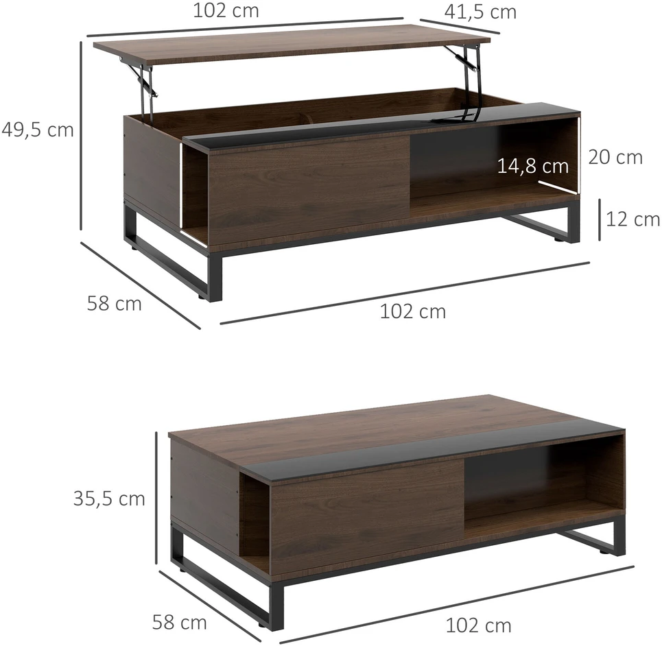 HOMCOM kavos staliukas, svetainės staliukas su pakeliamu stalviršiu, staliukas su daiktadėže, modernaus dizaino staliukas, plienas, riešutmedžio, juodas, 102 x 58 x 35,5 cm