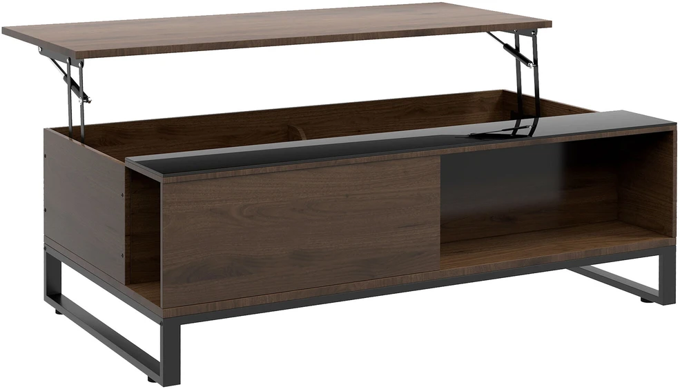 HOMCOM kavos staliukas, svetainės staliukas su pakeliamu stalviršiu, staliukas su daiktadėže, modernaus dizaino staliukas, plienas, riešutmedžio, juodas, 102 x 58 x 35,5 cm