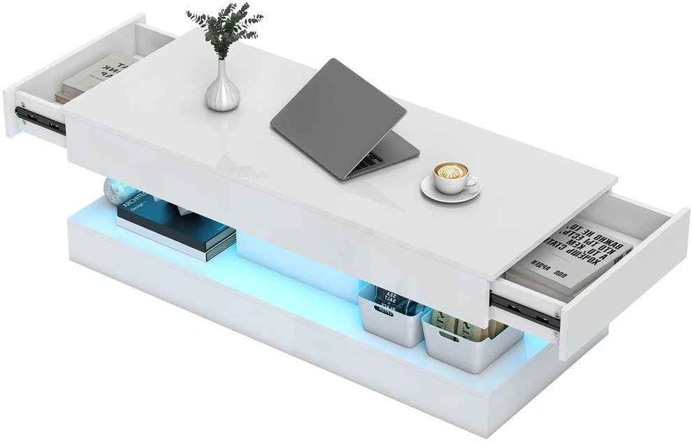 HOMCOM svetainės stalas su stalčiais ir LED apšvietimu, modernus sofos staliukas su atvira lentyna, kavos staliukas, medienos drožlių plokštė, baltas