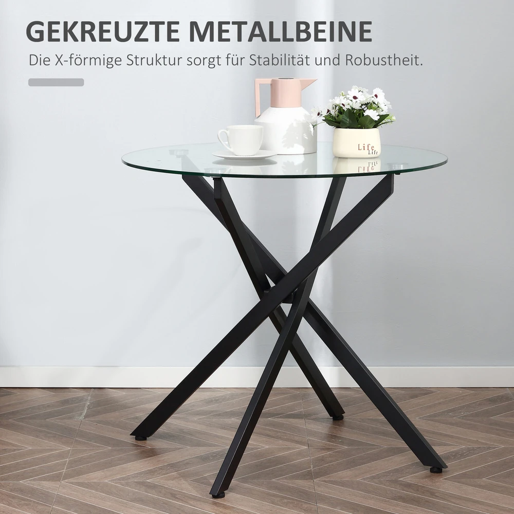 HOMCOM kavos staliukas, apvalus stiklinis stalas, juodas, šoninis staliukas su grūdintu stiklu ir metaliniu rėmu, 80x80x75 cm
