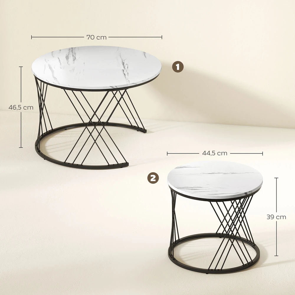 HOMCOM kavos staliukai 2 dalių rinkinys, marmuro efektas, medžio drožlių plokštė, metalas, apvalūs kavos staliukai svetainei, pastatomi vienas į kitą, baltos spalvos