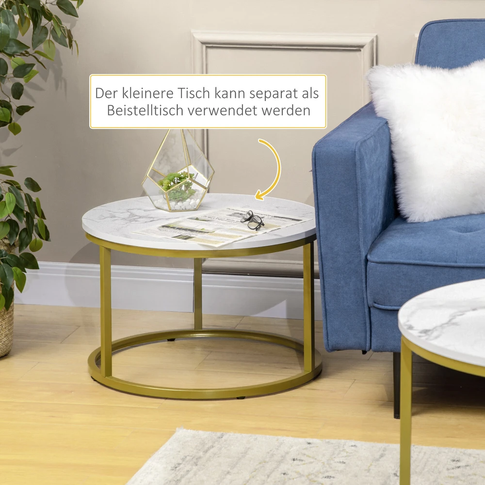 HOMCOM 2 žurnalinių staliukų rinkinys, apvalus staliukas, žurnalinis staliukas su aukso spalvos plieniniu rėmu, sudedamas marmurinės išvaizdos sofos staliukas, skirtas svetainei, pakraunamas iki 30 kg, baltos spalvos
