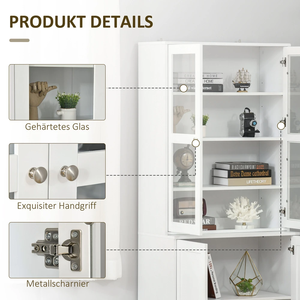 HOMCOM knygų spinta 178,5 cm, vitrina su stiklinėmis durelėmis, 6 skyriai, balta
