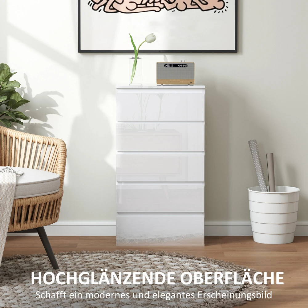 HOMCOM komoda su 5 stalčių, spintelė daiktams laikyti, su apsaugos nuo apvirtimo dirželiais, svetainei, miegamajam, balta, 55 x 34 x 100 cm