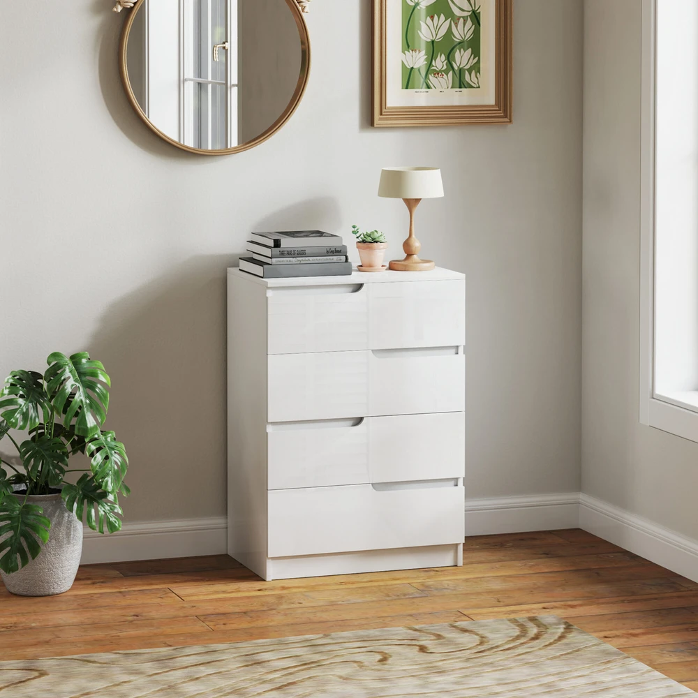 HOMCOM komoda, spintelė su 4 stalčiais, svetainei, miegamajam, blizgi balta, 60 x 40 x 85 cm