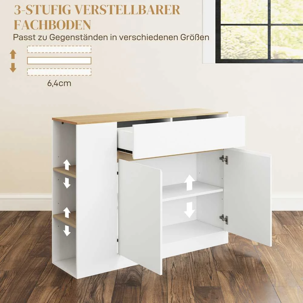 HOMCOM Spintelė, virtuvės spintelė su stalčiais, reguliuojama lentyna, sandėliavimo spintelė su apsauga nuo pasvirimo, šoninė spintelė virtuvei, valgomajam, 105 x 30 x 81,5 cm Balta