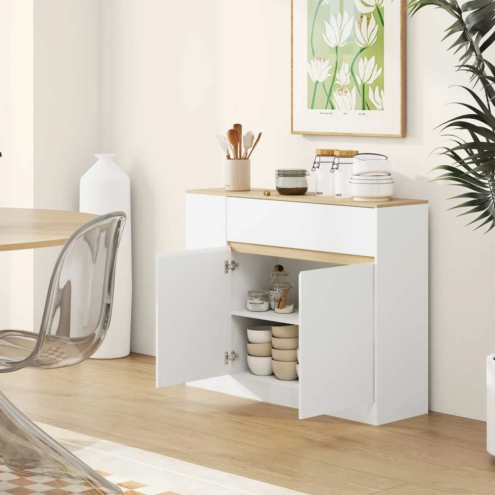 HOMCOM Spintelė, virtuvės spintelė su stalčiais, reguliuojama lentyna, sandėliavimo spintelė su apsauga nuo pasvirimo, šoninė spintelė virtuvei, valgomajam, 105 x 30 x 81,5 cm Balta