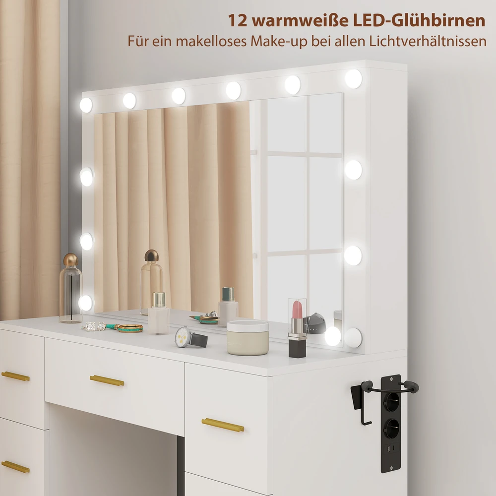 HOMCOM kosmetinis staliukas su veidrodžiu ir 12 LED lempučių, tualetinis staliukas su 7 stalčiais, 6 paslėptais laikymo skyriais, medžio drožlių plokštė, baltas