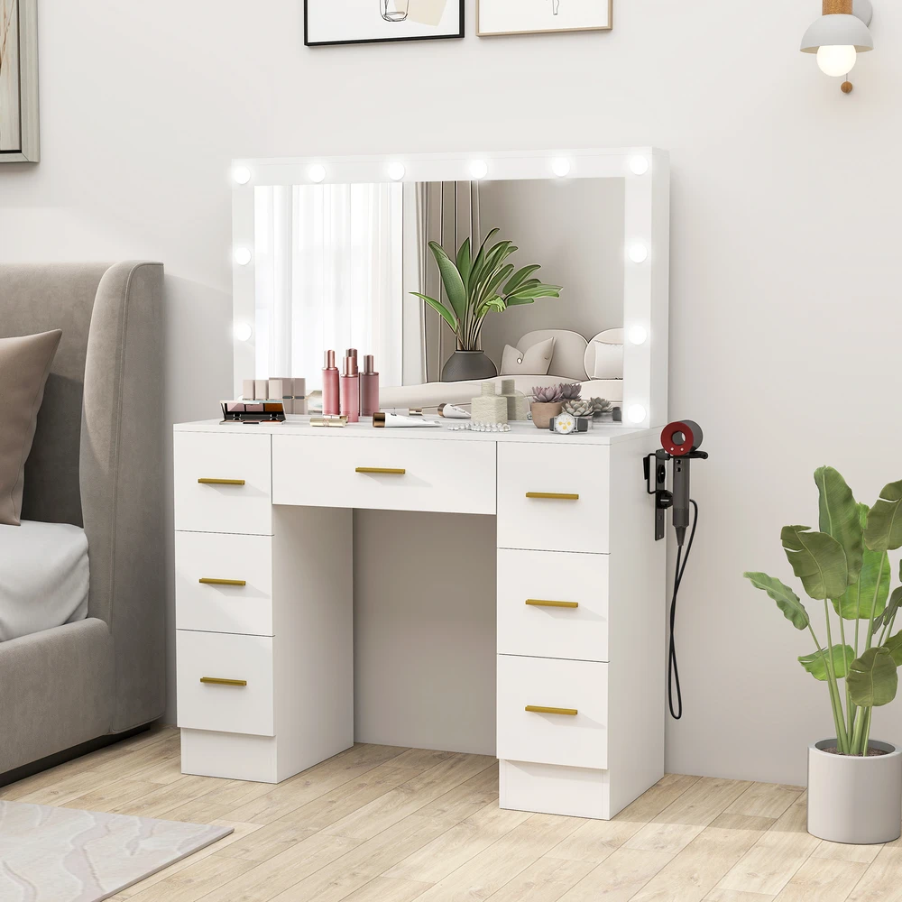 HOMCOM kosmetinis staliukas su veidrodžiu ir 12 LED lempučių, tualetinis staliukas su 7 stalčiais, 6 paslėptais laikymo skyriais, medžio drožlių plokštė, baltas