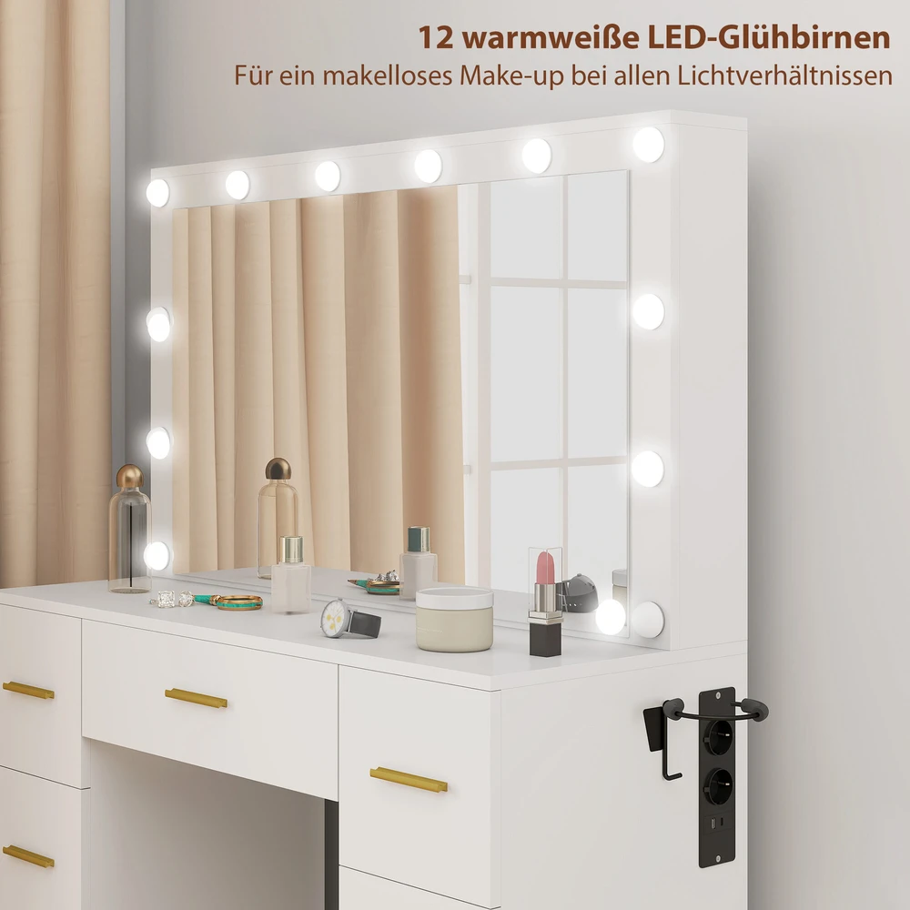 HOMCOM kosmetinis staliukas su veidrodžiu ir 12 LED lempučių, tualetinis staliukas su 7 stalčiais, 6 paslėptais laikymo skyriais, medžio drožlių plokštė, baltas