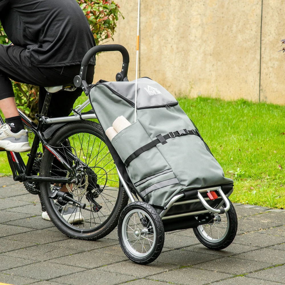 HOMCOM krovininė priekaba ir pirkinių vežimėlis 2 viename, dviračių priekaba su jungtimis, 24,3kg, 55 l, aliuminis + Oksfordo audinys, pilka ir sidabrinė, 53x43x110 cm