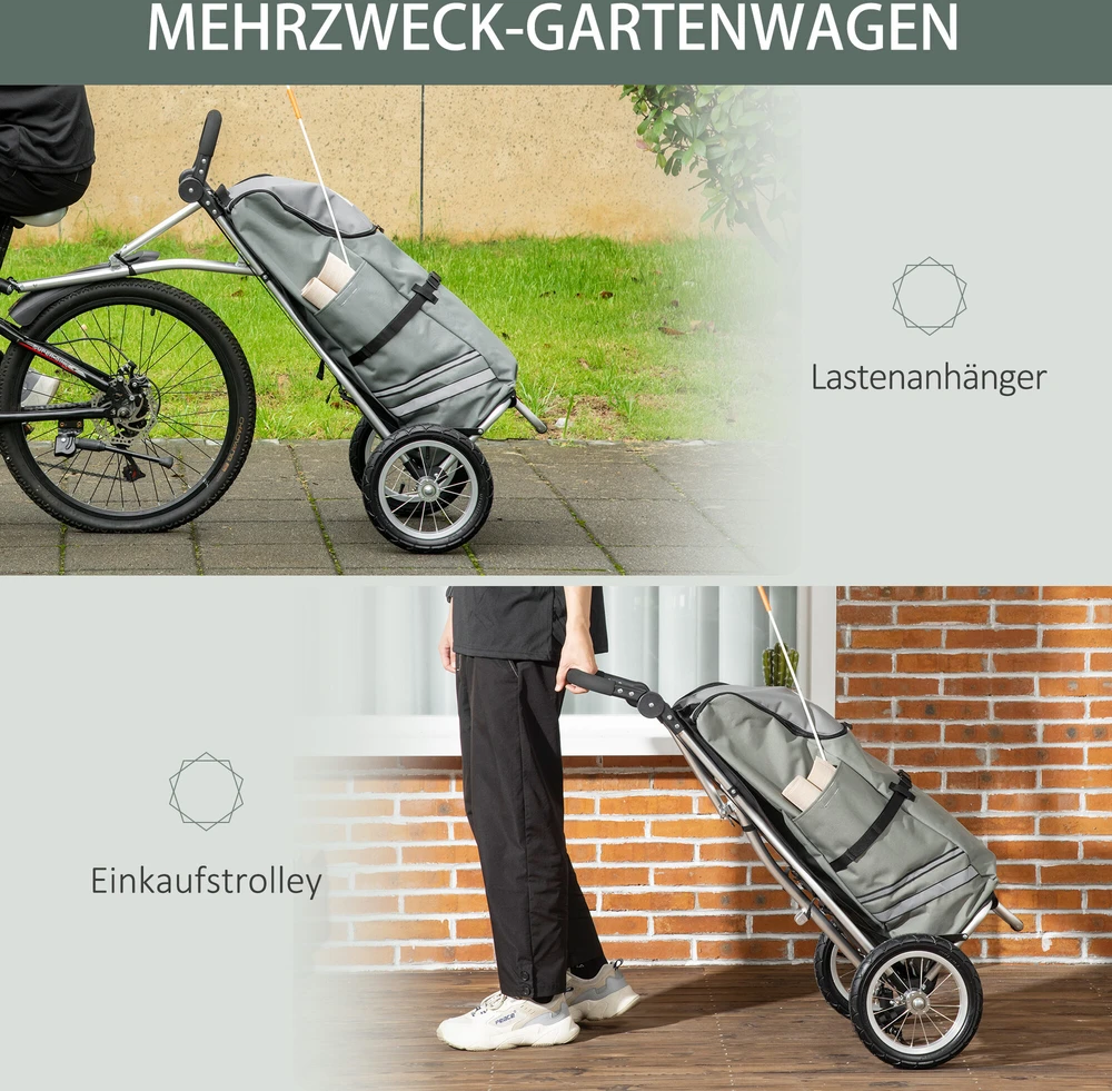 HOMCOM krovininė priekaba ir pirkinių vežimėlis 2 viename, dviračių priekaba su jungtimis, 24,3kg, 55 l, aliuminis + Oksfordo audinys, pilka ir sidabrinė, 53x43x110 cm