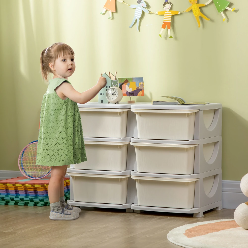HOMCOM vaikiška komoda su 6 stalčiais, žaislų dėžė, žaislų organizatorius, vaikiški baldai 3–6 metų vaikams, kreminė